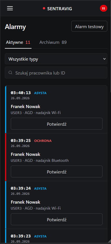 Panel SENTRAVIG na telefonie